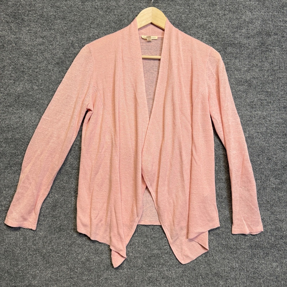 Eileen Fisher Size XS Cardigan Peach Pink Draped Organic Linen Knit Open Front